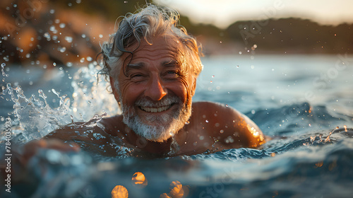 Old man with gray hair, grandpa, swimming and splashing in the sea, water, joyful smiling face, happy and fun on vacation or emigrated to tropical climate. photo