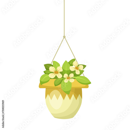 A vector illustration of a hanging flower pot with white flowers and green leaves on a white background, concept of home decor. Vector illustration