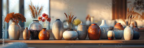 Macro shot of a collection of decorative vases on a mantel in a living room, hyperrealistic photography of modern interior design