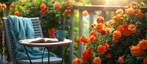 A sunny terrace with a table and chair adorned with a book, phone, and vibrant flowers, creating a cozy and peaceful outdoor reading spot.