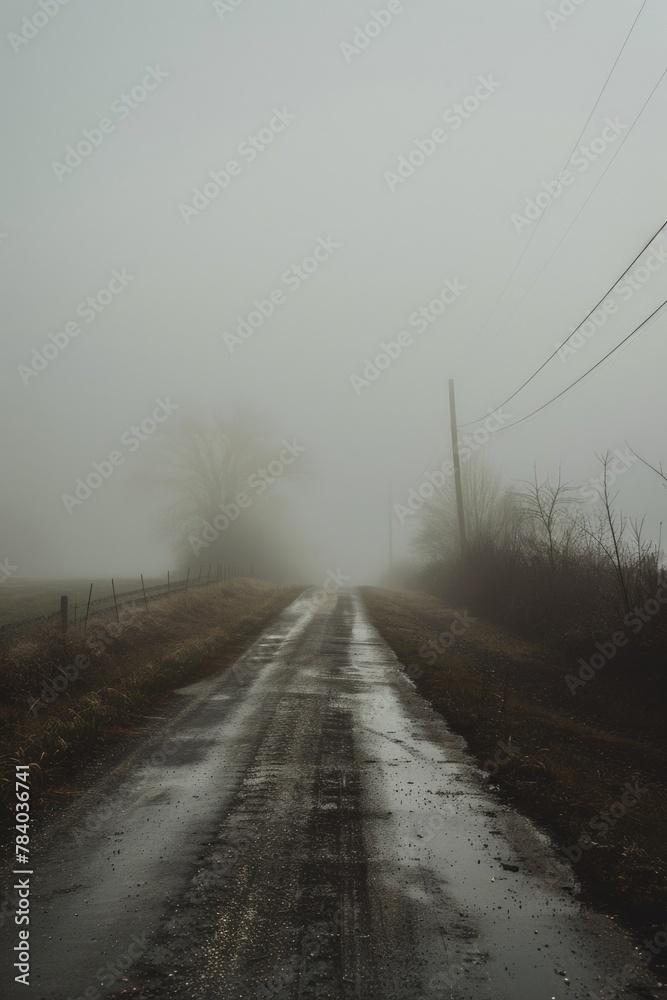 A foggy country road with power lines in the distance. Ideal for transportation and rural landscapes