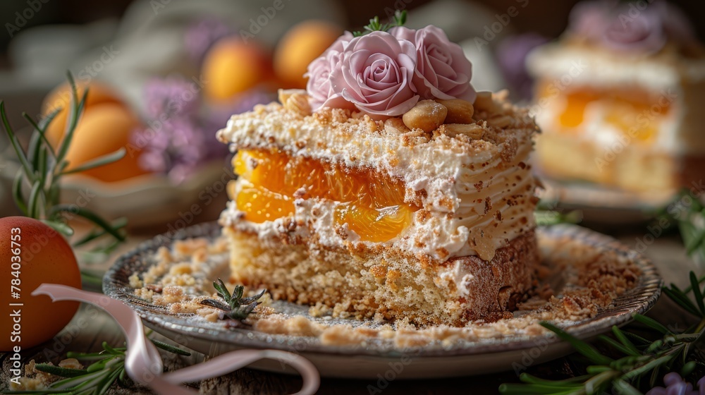   A cake sits atop a plate, surrounded by an orange slice and a pink rose