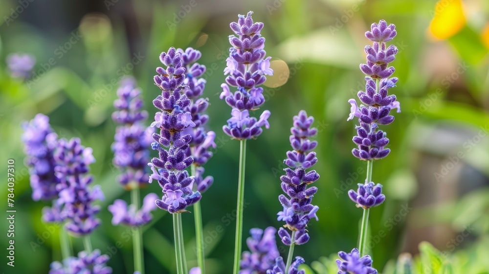 Close up Lavandula angustifolia, Levander floral pattern, bunch of flowers in bloom, purple lilac scented flowering plant on green bokeh background, selective focus Close up Lavandula angustifolia, Levander floral pattern, bunch of flowers in bloom, purple lilac scented flowering plant on green bokeh background, selective focus