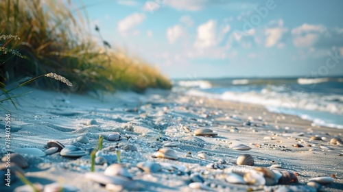 A peaceful sandy beach with shells and grass, ideal for summer vacation concepts