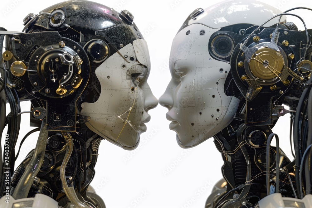 Fototapeta premium A couple of robots standing together. Suitable for technology and futuristic concepts