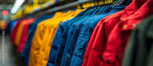 Colorful Garments Lineup in Tailoring Factory. Concept Fashion Design, Garment Manufacturing, Textile Industry, Tailoring Techniques, Colorful Clothing