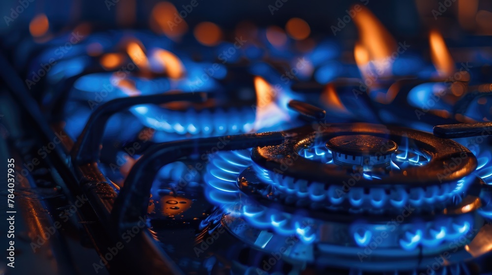 Close up of a gas stove with blue flames, suitable for kitchen appliance concepts