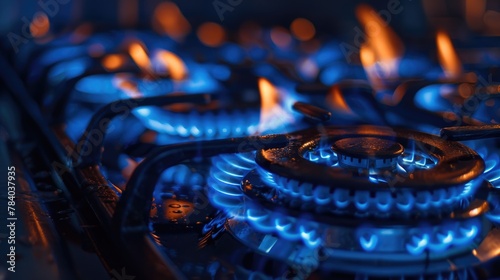 Close up of a gas stove with blue flames, suitable for kitchen appliance concepts