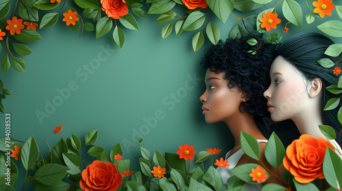 Illustration of women from the side surrounded by leaves and flowers for women's day celebration banner