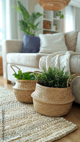 Macro shot of a collection of decorative baskets in a family room, scandinavian style interior