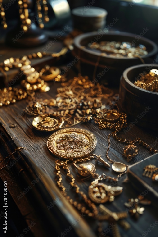 A variety of gold jewelry displayed on a table. Ideal for fashion or luxury concepts A variety of gold jewelry displayed on a table. Ideal for fashion or luxury concepts
