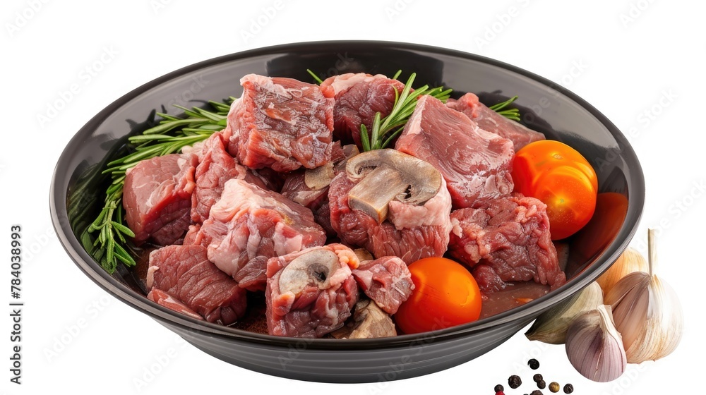 A black bowl filled with meat and vegetables. Suitable for food-related designs