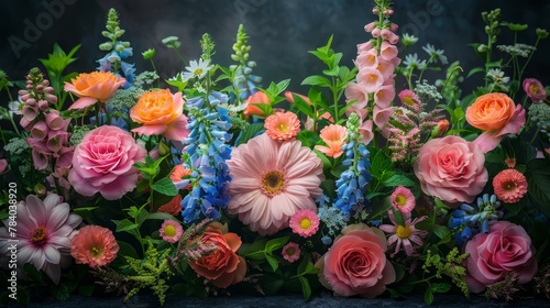   A tight shot of assorted flowers in various hues against a black backdrop, featuring emergent green foliage photo