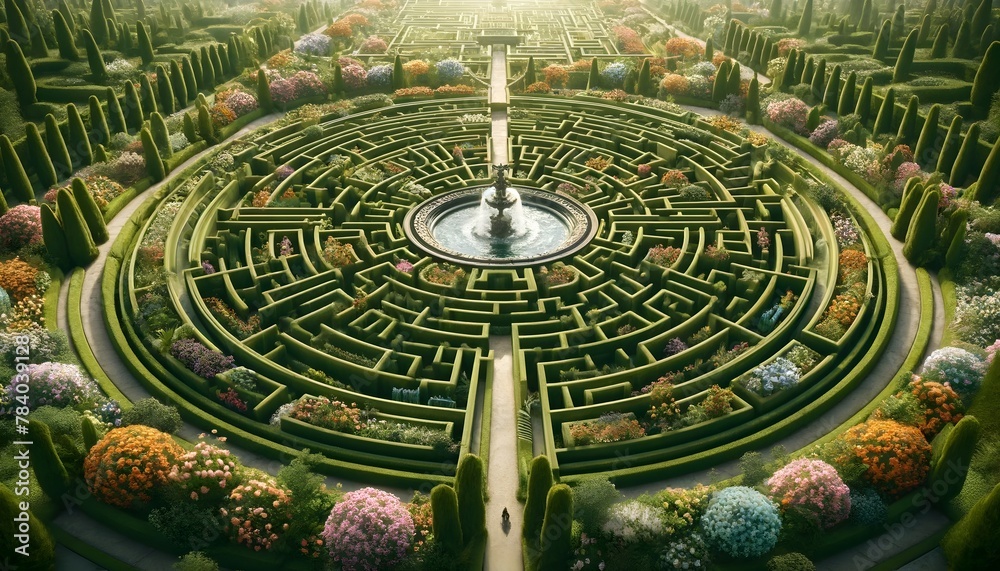 Perfekt gestalteter Labyrinthgarten mit zentralem Springbrunnen