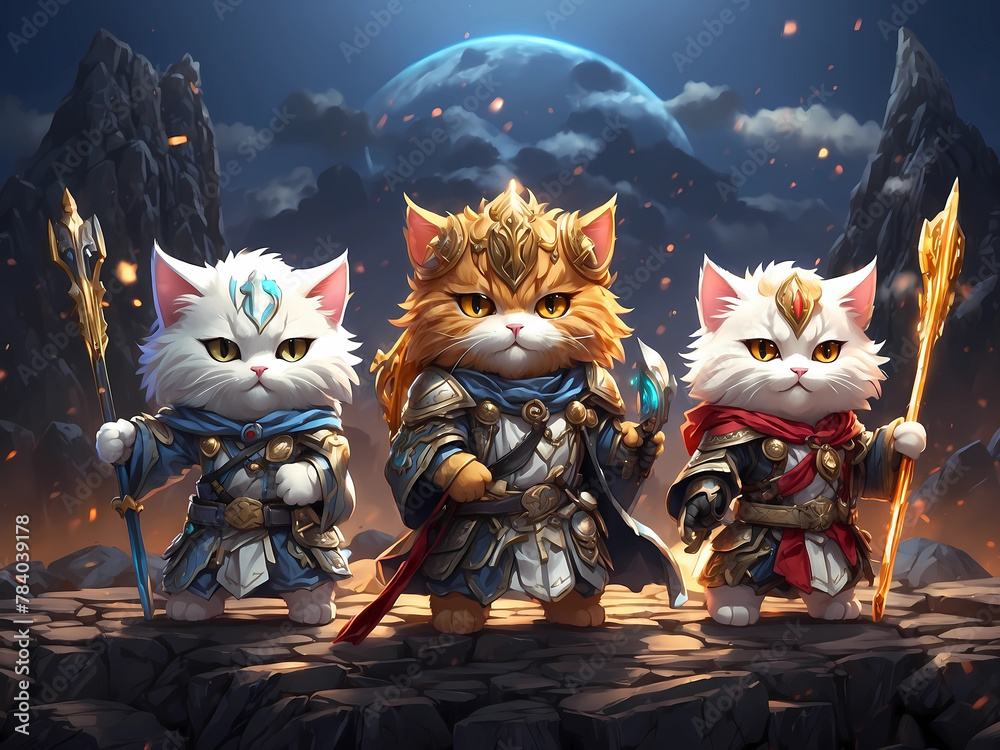 Fototapeta Beautiful 3d anime style art with fantasy cats in armor