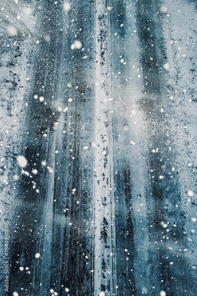 A picturesque snow covered road with trees in the background. Suitable for winter landscapes