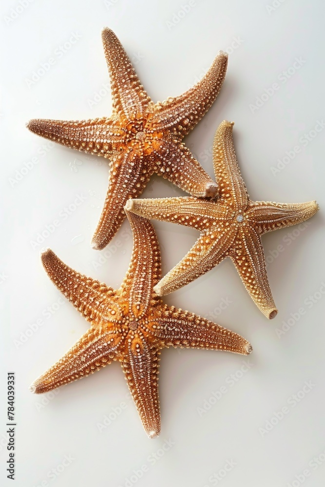Three starfish sitting on a white surface, perfect for beach-themed designs Three starfish sitting on a white surface, perfect for beach-themed designs