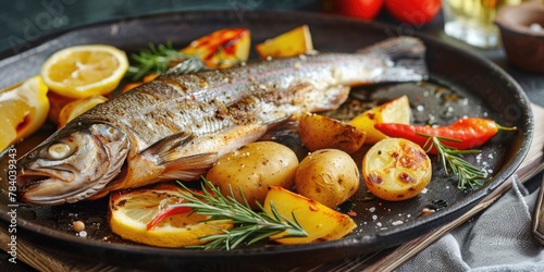 A fish cooking on a pan with potatoes and lemon slices. Perfect for food blogs or cooking recipes