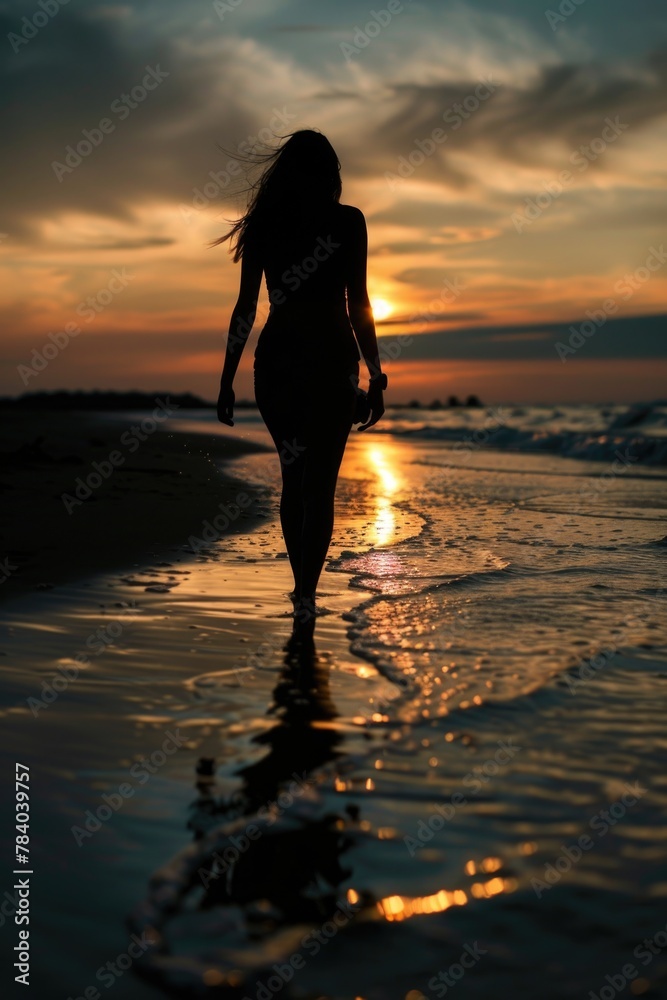 A woman enjoying a peaceful walk on the beach at sunset. Perfect for travel and relaxation concepts