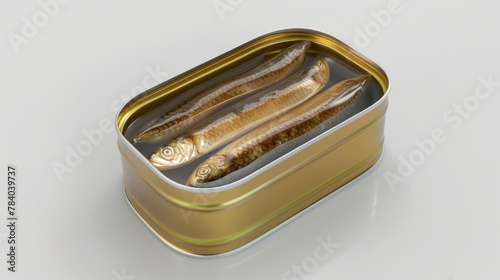 A tin of fish sitting on a table. Suitable for food and cooking concepts