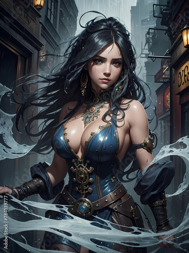 Elegant beautiful cartoon girl on night street