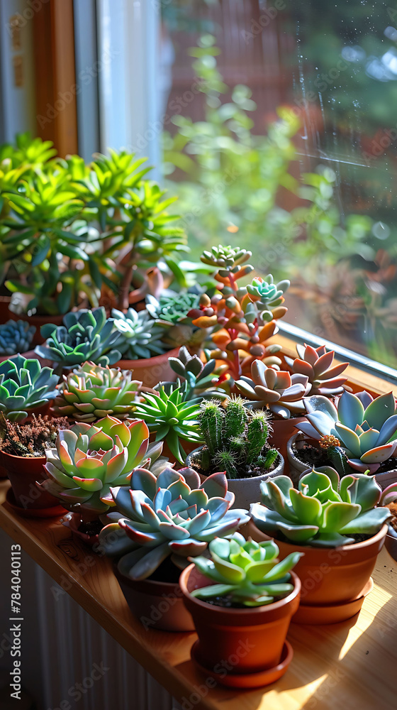 Macro shot of a collection of succulents on a windowsill in a sunroom, scandinavian style interior