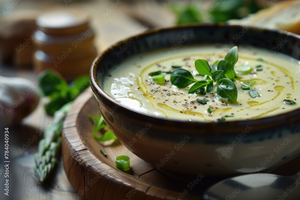 A bowl of soup on a rustic wooden table, perfect for food blogs or restaurant menus A bowl of soup on a rustic wooden table, perfect for food blogs or restaurant menus