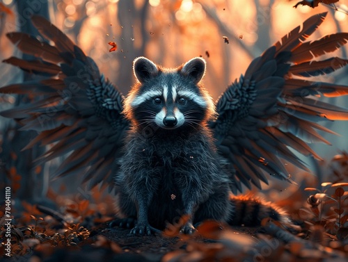 A buxom raccoon with twilight wings foraging through a quiet forest photo
