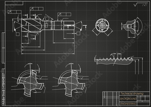 Mechanical engineering drawings on black background. Tap tools, borer. Technical Design. Cover. Blueprint. Vector illustration.