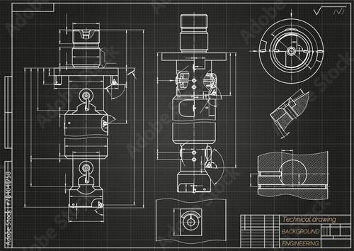 Mechanical engineering drawings on black background. Tap tools, borer. Technical Design. Cover. Blueprint. Vector illustration.