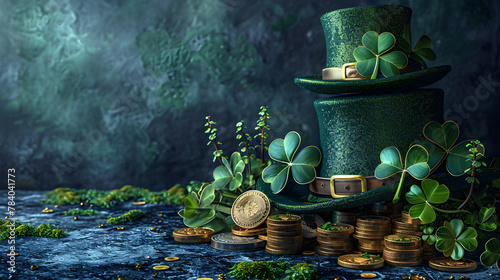 Shiny green hat, gold coins and clover leaves. St. Patrick's day concept.