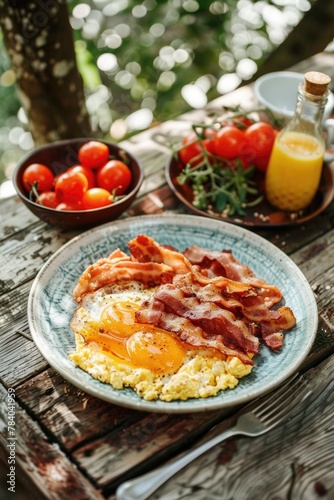 A delicious breakfast plate with eggs, bacon, and tomatoes. Perfect for food blogs or restaurant menus