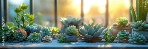 Macro shot of a collection of succulents on a windowsill in a sunroom, hyperrealistic photography of modern interior design