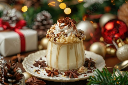 Festive dessert with holiday tree background. Ideal for holiday marketing materials