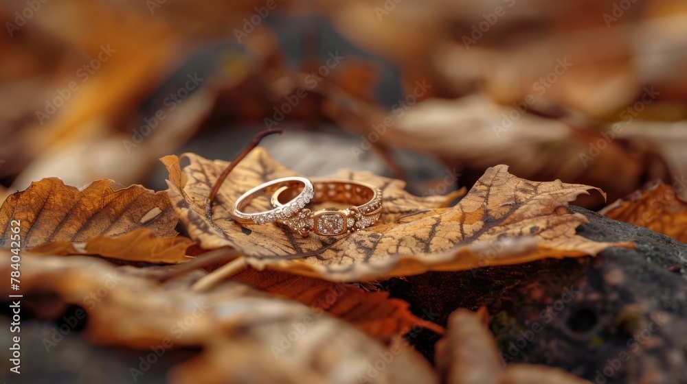 Wedding rings resting on a green leaf, perfect for nature-themed events