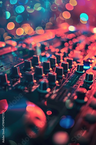 Close up of a mixing board with blurry lights in the background. Great for music production projects
