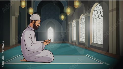 Muslim sheikh, praying inside the mosque, cartoon  photo