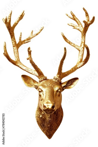 A close up of a gold deer head on a white background. Perfect for holiday decorations