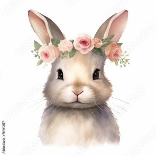 Bunny with a headband of roses, pastel watercolor, minimalist art, cute watercolor, isolated on white background.