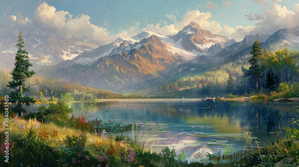 Mountain landscape, picturesque mountain lake in the summer evening, Altay.
