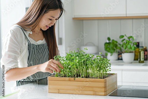 Woman harvests microgreens in the kitchen. Growing healthy fresh nutritious greens at home. Health care, superfoods, home eco gardening concept