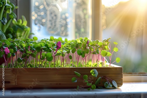 Microgreens grow in a wooden box on the windowsill. Healthy eating, health care, gardening concept. Fresh eco greens growing at home