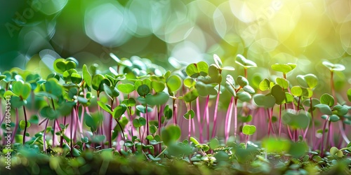 Close up background of green radish sprouts. Microgreens growing at home. Healthy lifestyle, organic vitamin food, vegani, nutrition concept. Fresh raw natural greens