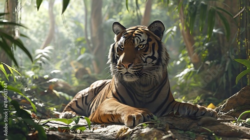 A Close-Up of a Bengal Tiger Resting in a Lush Environment photo