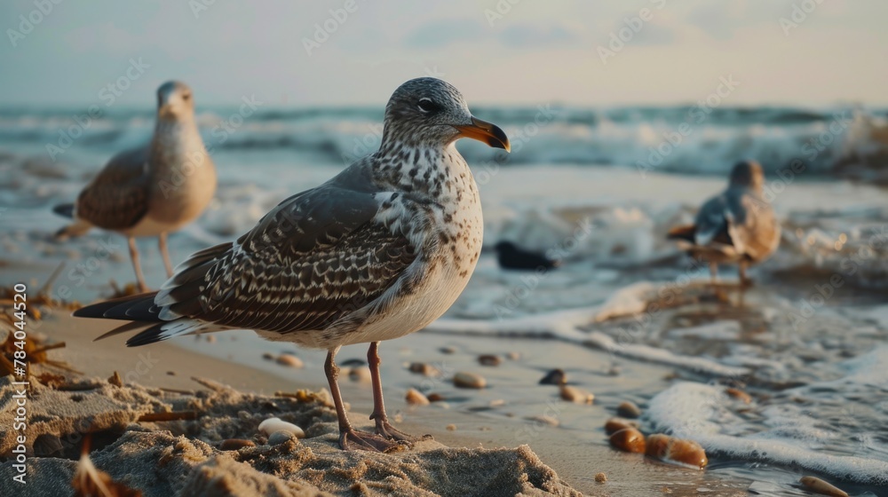 Two seagulls standing on a sandy beach by the ocean. Suitable for travel and nature concepts Two seagulls standing on a sandy beach by the ocean. Suitable for travel and nature concepts