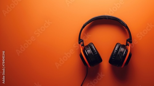 Stylish black and orange headphones on a vibrant orange background. Perfect for music lovers and tech enthusiasts