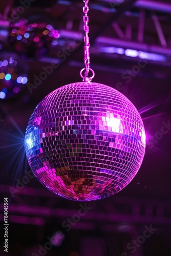 A shiny disco ball hanging from a chain. Perfect for party invitations