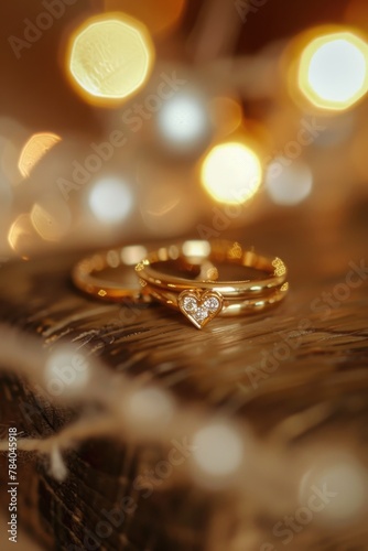 Two gold rings on a rustic wooden table, perfect for wedding or jewelry themes