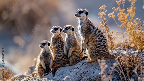 A Family of Meerkats Standing Alertly in a Desert Landscape photo