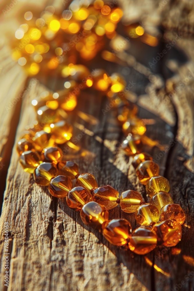 Close-up of a chain of beads on a wooden surface. Suitable for various crafts projects